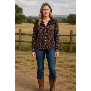 Miss Me ladies button up lace trim floral top jeweled buttons western country